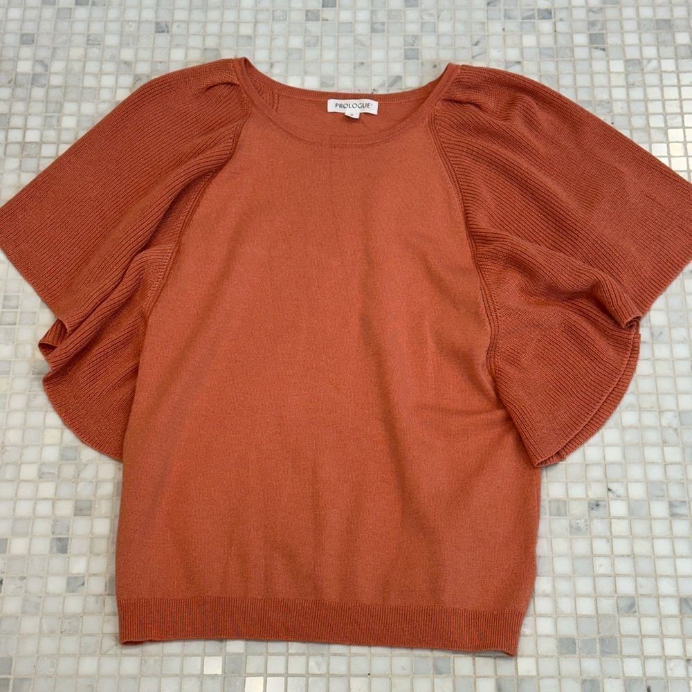 Prologue Ladies Crewneck Flutter Short Sleeve Orange Sweater